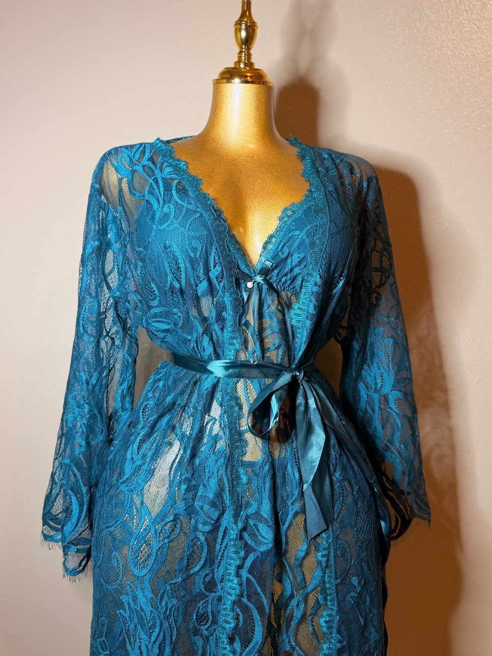 Sheer Teal Lace Robe with Satin Waist Tie